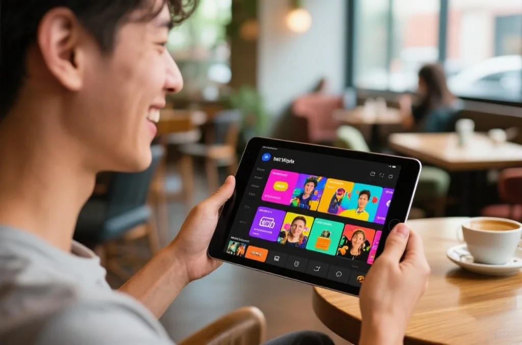 一个人在咖啡馆里享受移动娱乐